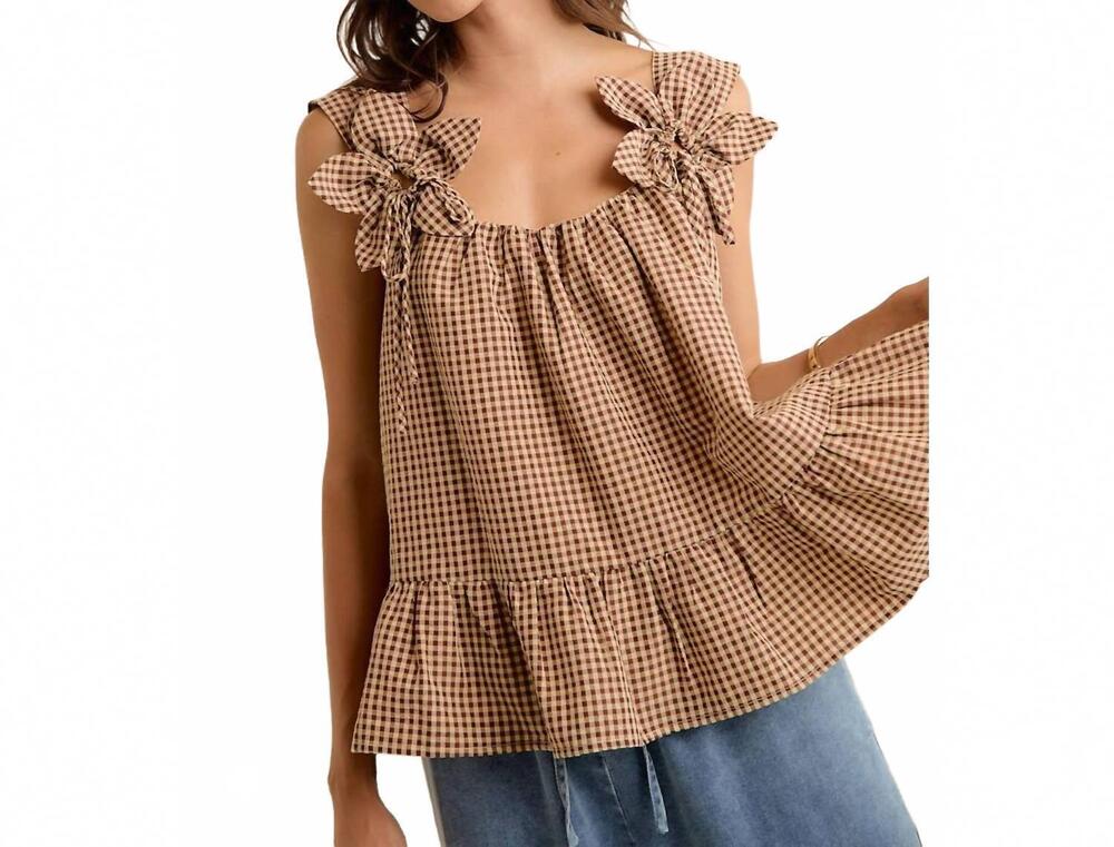 NEW SO ME gingham flower sleeve top in brown
